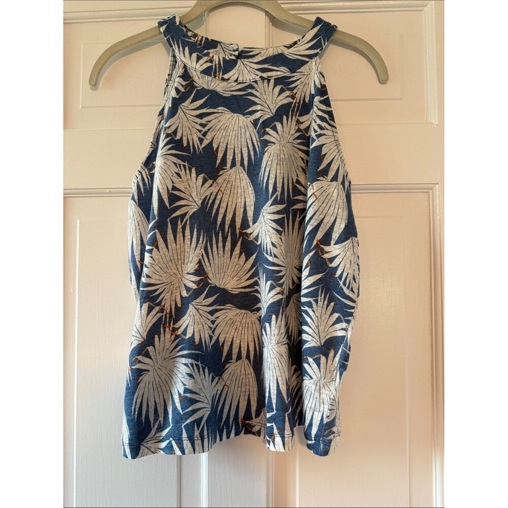 Rachel Zoe 100% Linen Blue Cream Palm Print Halter Top Fits Like Medium
